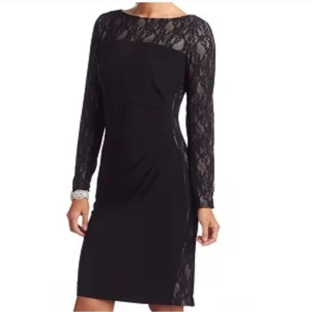 Chaps NWT Black Lace Overlay Long Sleeved Mini Dress, Holiday Party! 8